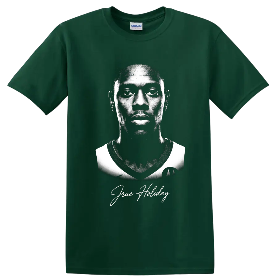 Jrue Holiday black-and-white basketball portrait with signature-style script on a Forest Green T Shirt