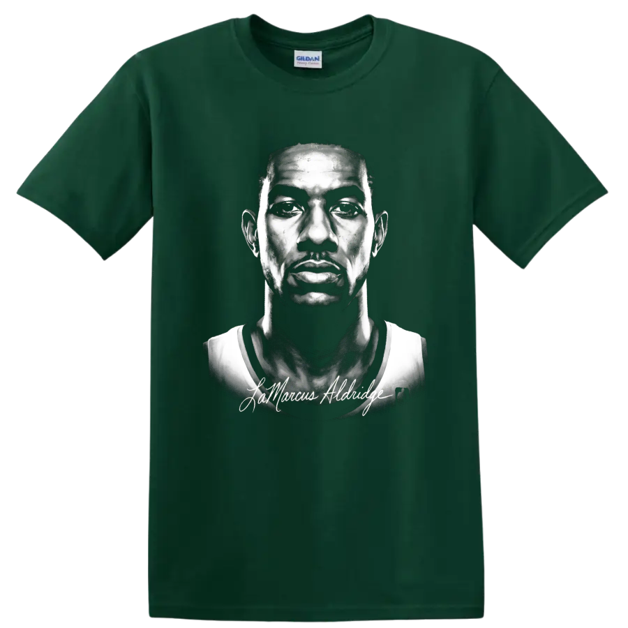 Monochrome LaMarcus Aldridge portrait with cursive signature on a Forest Green T Shirt
