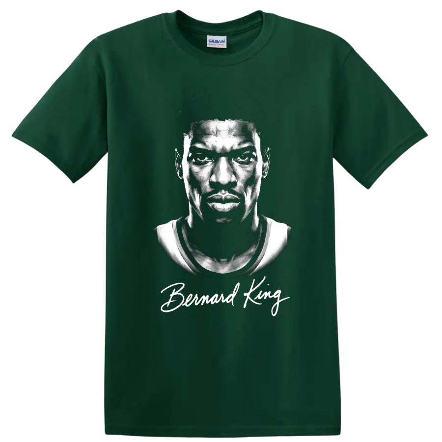 Monochrome Bernard King basketball portrait with signature-style Bernard King text on a Forest Green T Shirt