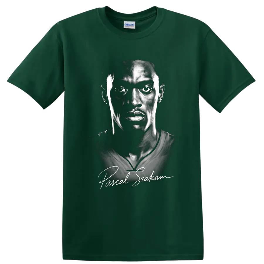 Pascal Siakam monochrome basketball portrait with signature-inspired script on a Forest Green T Shirt