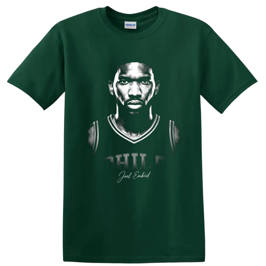 Monochrome Joel Embiid Philadelphia 76ers No. 21 portrait with Philly lettering on a Forest Green T Shirt