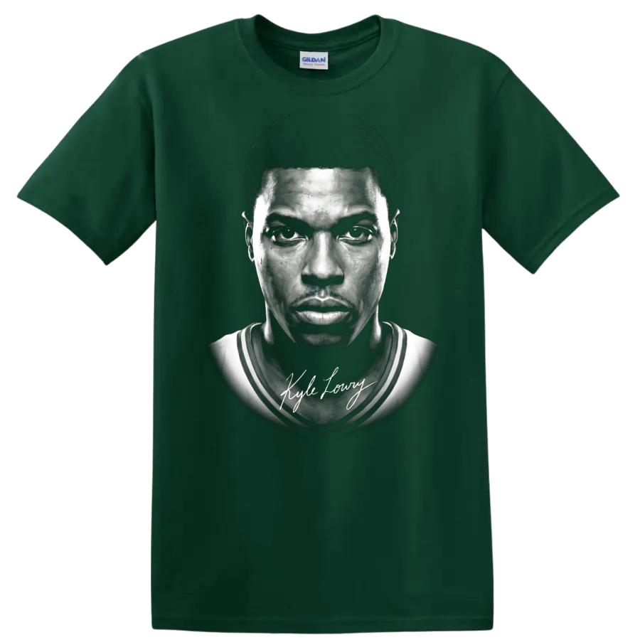 Kyle Lowry Toronto Raptors No. 7 black-and-white basketball portrait with signature on a Forest Green T Shirt