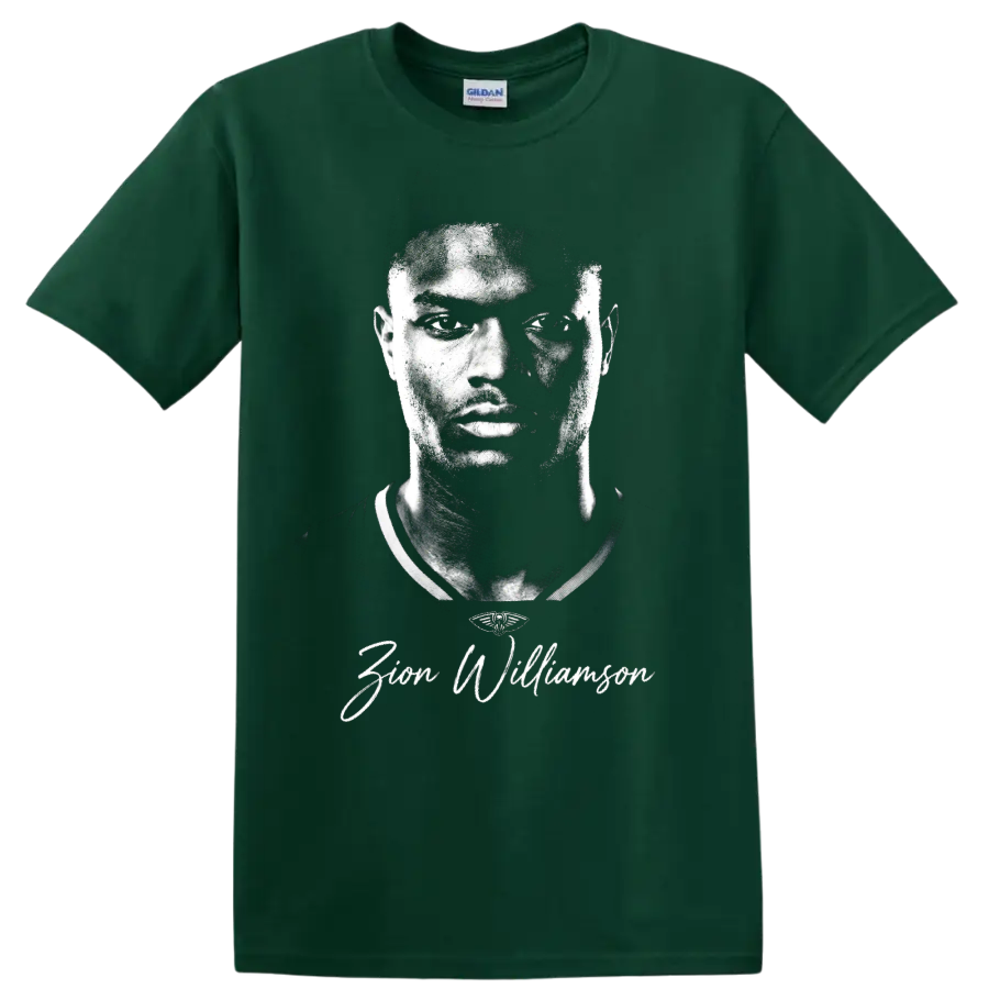 Zion Williamson monochrome basketball portrait with signature-style lettering on a Forest Green T Shirt