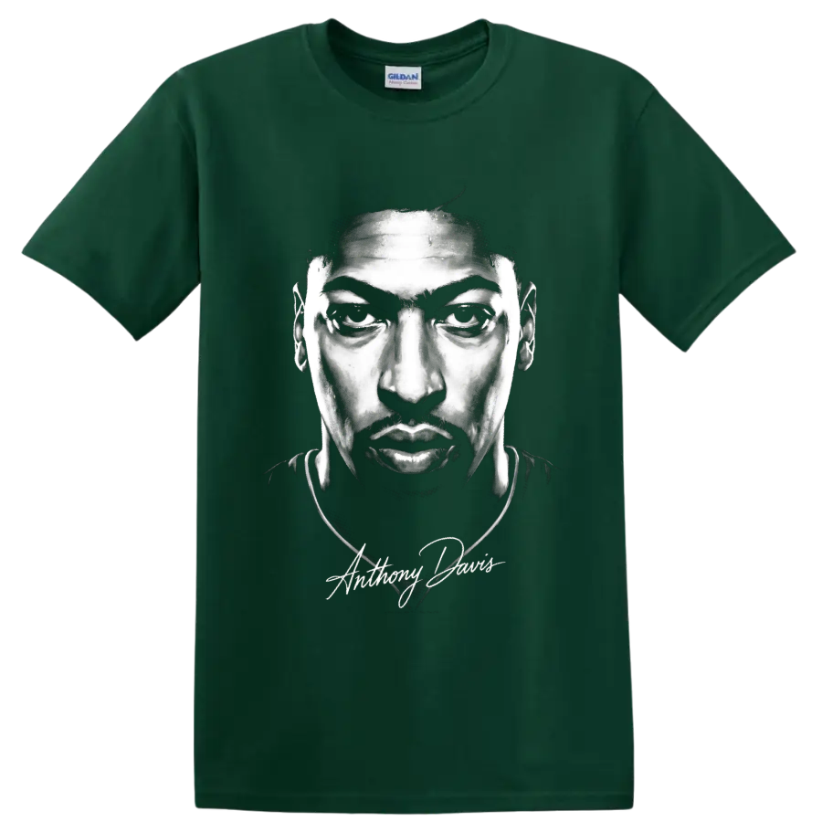 Anthony Davis monochrome basketball portrait with signature-style script on a Forest Green T Shirt