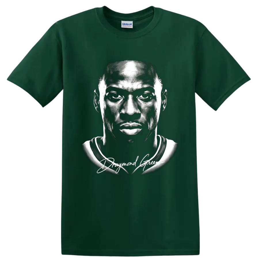 Monochrome Draymond Green basketball portrait with signature-style script on a Forest Green T Shirt