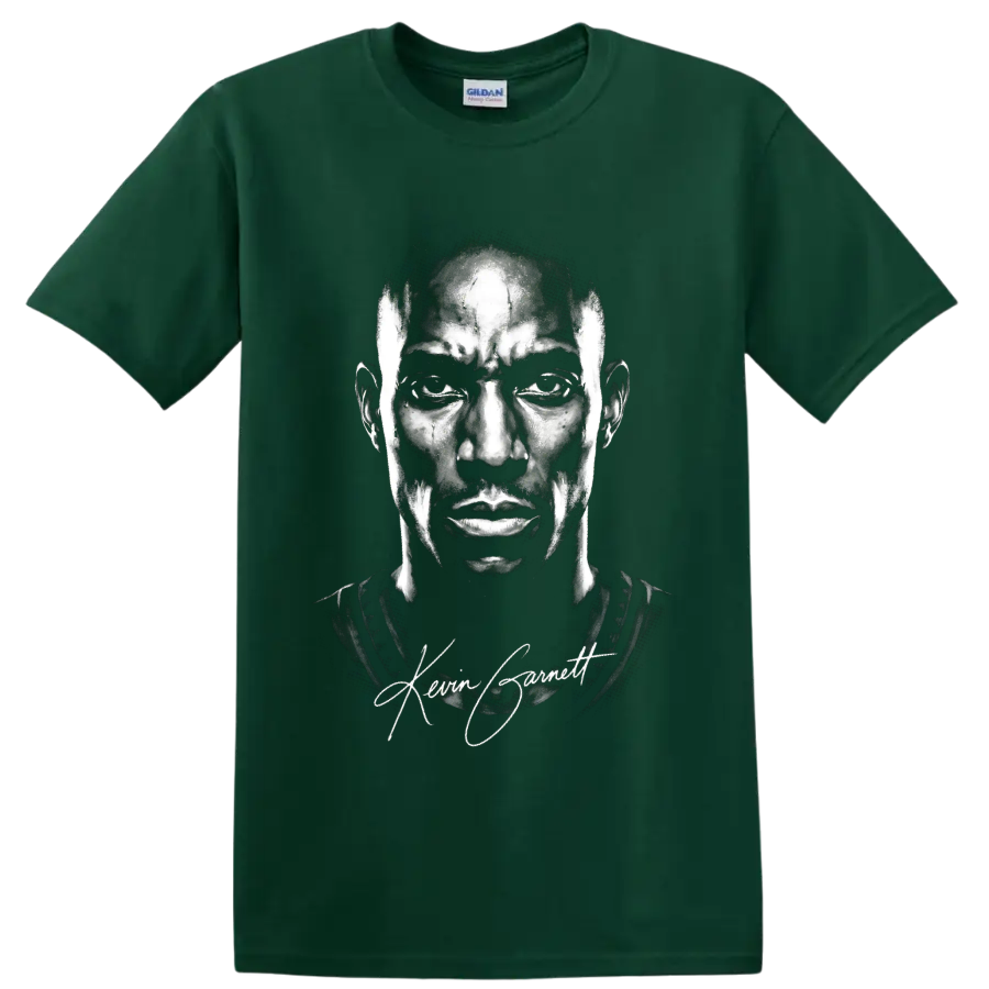 Kevin Garnett black-and-white portrait with signature basketball fan graphic on a Forest Green T Shirt
