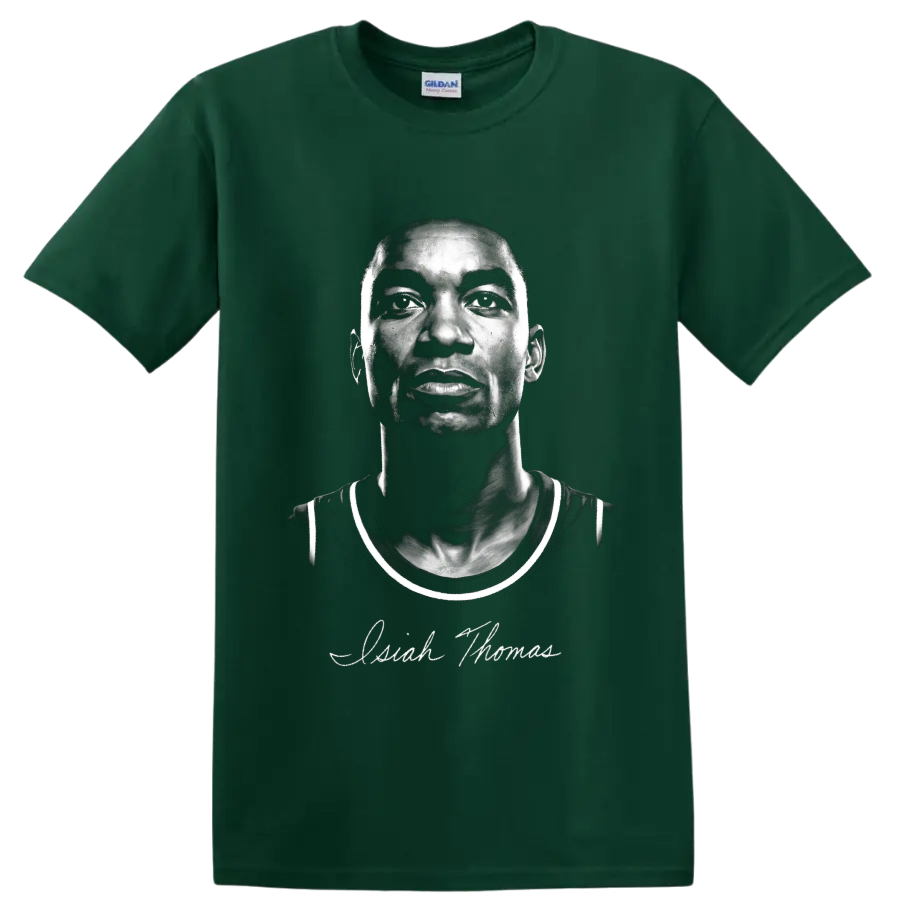 High-contrast Isiah Thomas Detroit Pistons basketball portrait with signature-style script on a Forest Green T Shirt