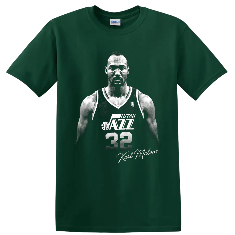 Karl Malone Utah Jazz No. 32 black-and-white basketball portrait with signature on a Forest Green T Shirt