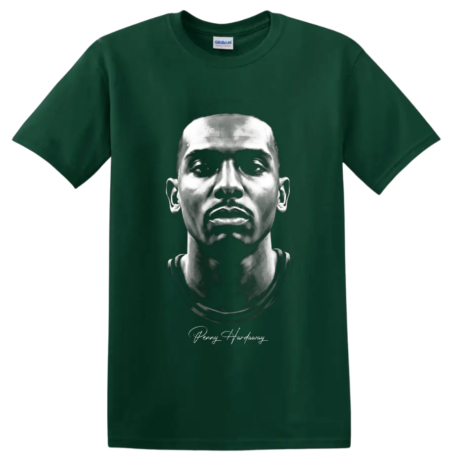 Monochrome Penny Hardaway portrait with cursive signature on a Forest Green T Shirt