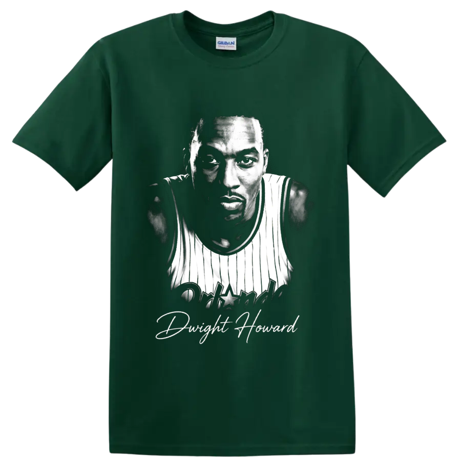 Dwight Howard Orlando Magic No. 12 monochrome basketball portrait on a Forest Green T Shirt