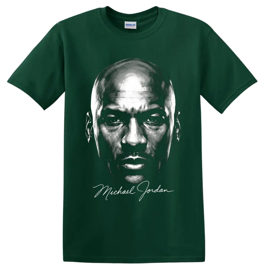 Michael Jordan black-and-white portrait graphic with signature-style script on a Forest Green T Shirt