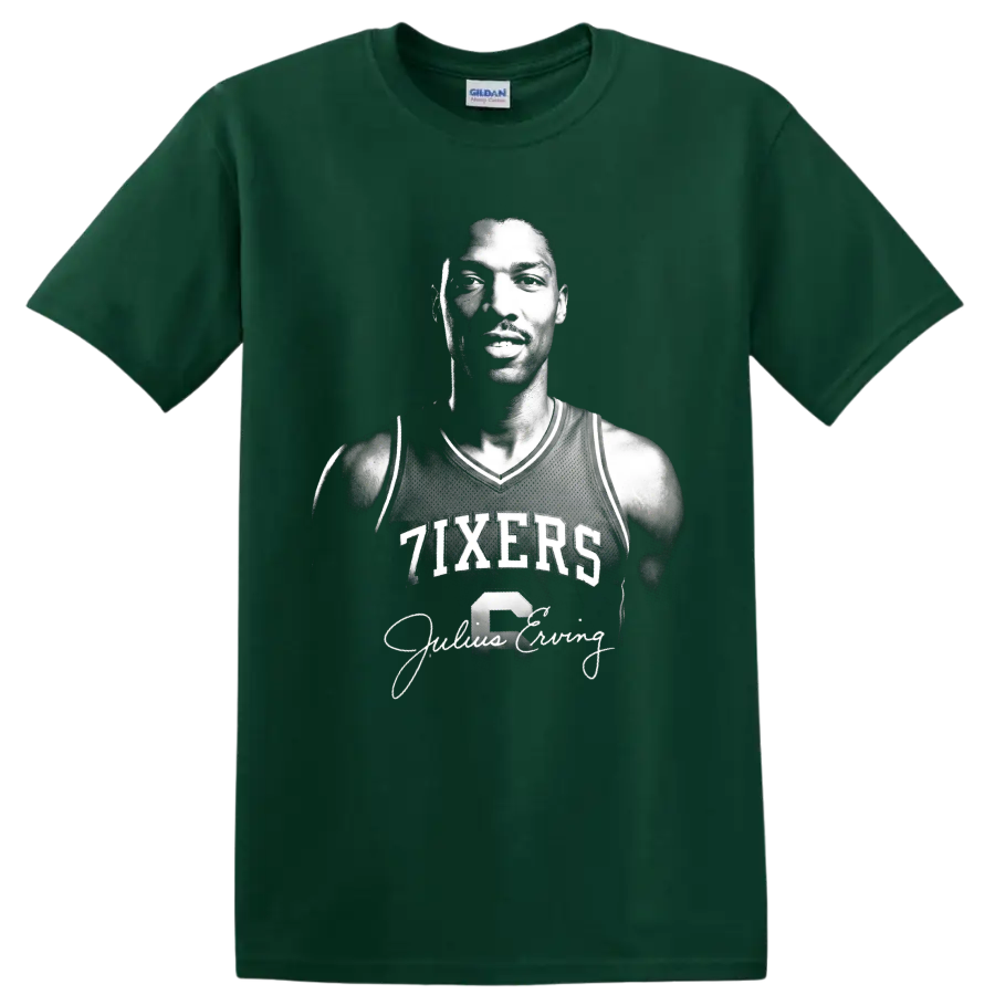 Black-and-white Julius Erving 76ers No. 6 portrait with signature-style script on a Forest Green T Shirt