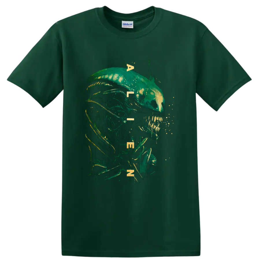 Alien biomechanical creature portrait with distressed sci-fi horror artwork on a Forest Green T Shirt