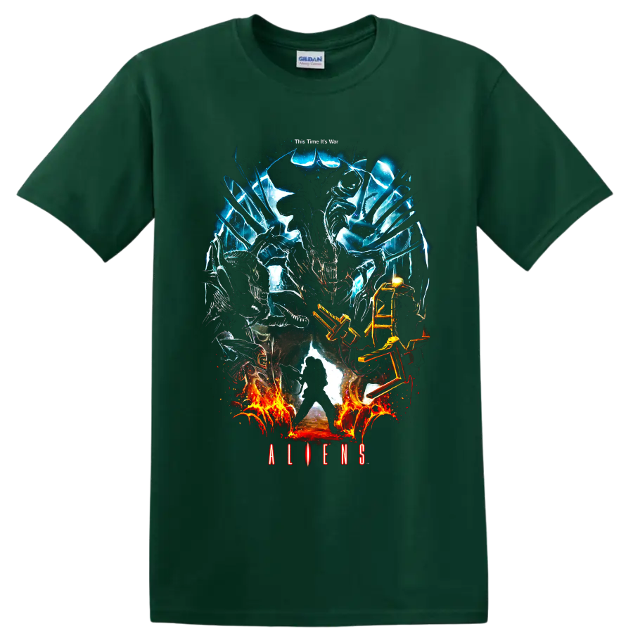 Aliens Xenomorph graphic print with blue energy and fiery battle effects on a Forest Green T Shirt