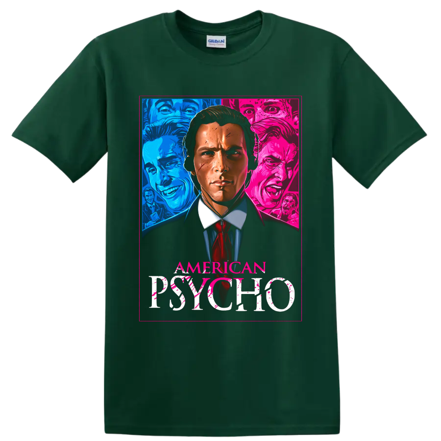 American Psycho neon horror portrait graphic with visible title text on a Forest Green T Shirt