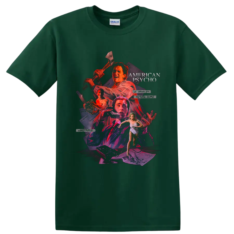 American Psycho axe collage graphic print with movie title text on a Forest Green T Shirt