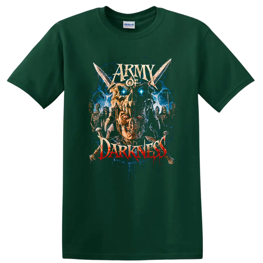 Army of Darkness graphic print with fiery skull and skeleton warriors on a Forest Green T Shirt