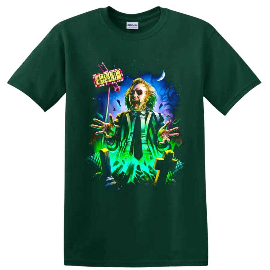 Beetlejuice striped-suit ghost in neon gothic movie artwork on a Forest Green T Shirt