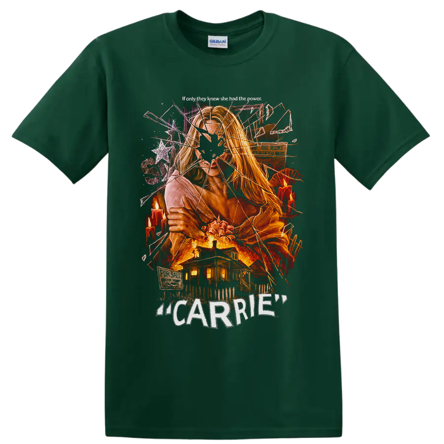 Carrie horror graphic with fiery psychic portrait and haunted house on a Forest Green T Shirt