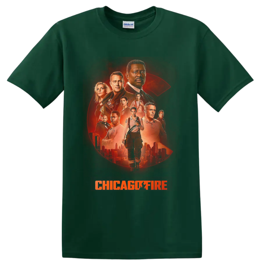 Chicago Fire cast portrait graphic with distressed halftone firefighter design on a Forest Green T Shirt