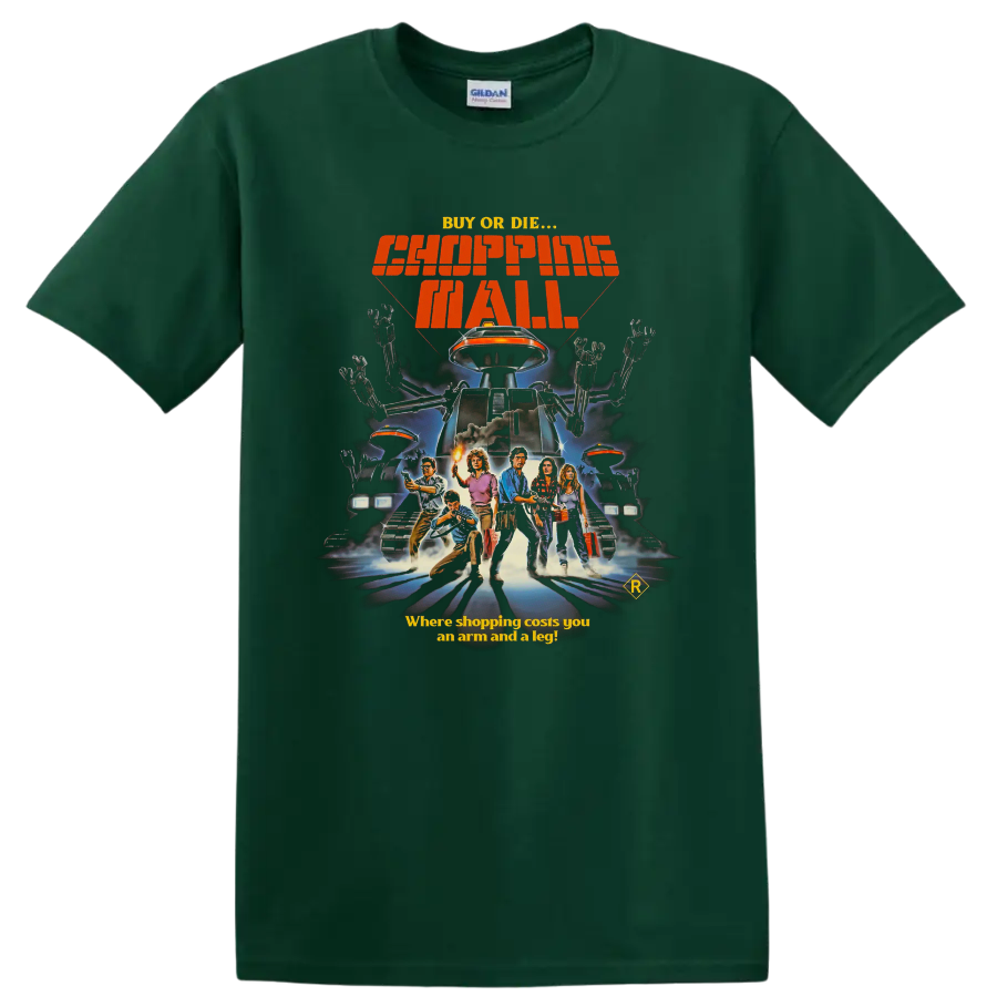 Chopping Mall retro killer robot movie poster print with Buy or Die text on a Forest Green T Shirt
