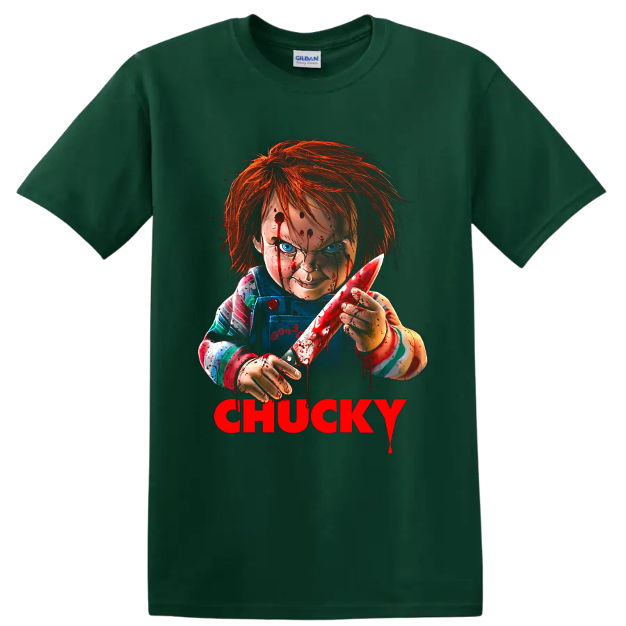 Chucky killer doll bloody knife graphic with red CHUCKY lettering on a Forest Green T Shirt
