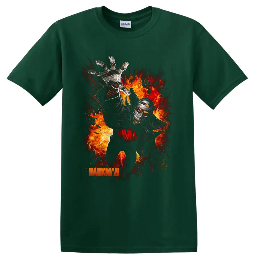 Darkman bandaged vigilante reaching through flames graphic print on a Forest Green T Shirt