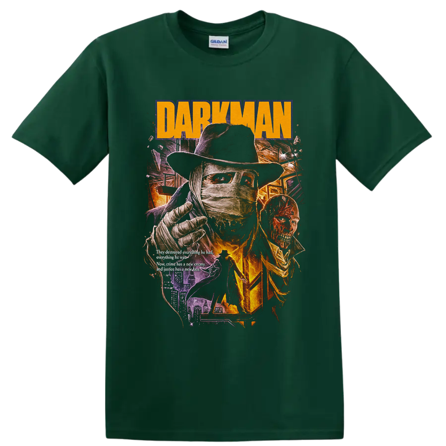 Darkman bandaged vigilante retro horror poster with DARKMAN text on a Forest Green T Shirt