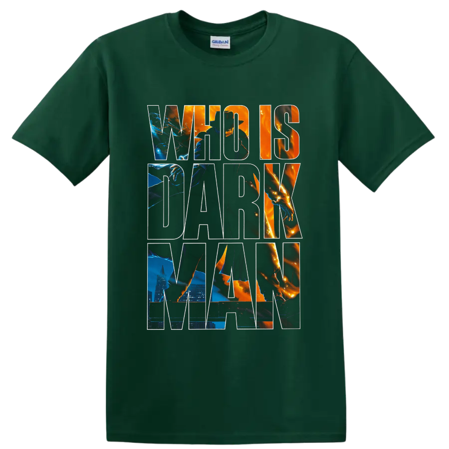 Darkman vigilante graphic with fiery city scenes and oversized lettering on a Forest Green T Shirt
