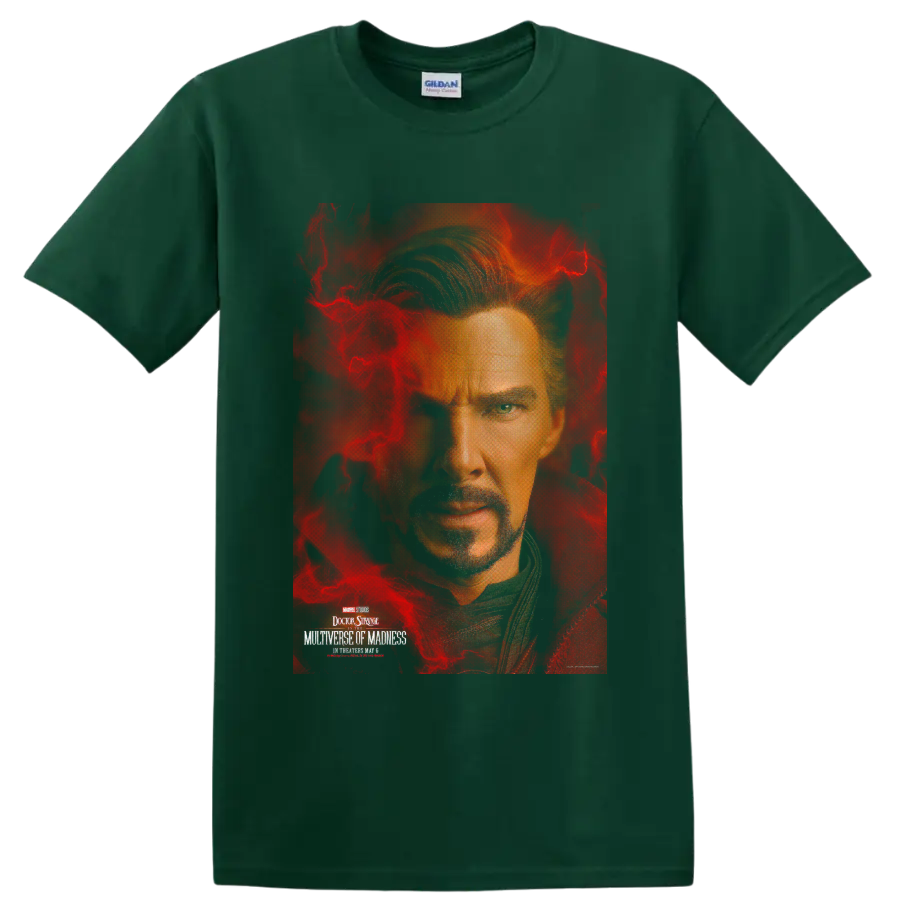 Doctor Strange sorcerer portrait graphic print with magical energy on a Forest Green T Shirt