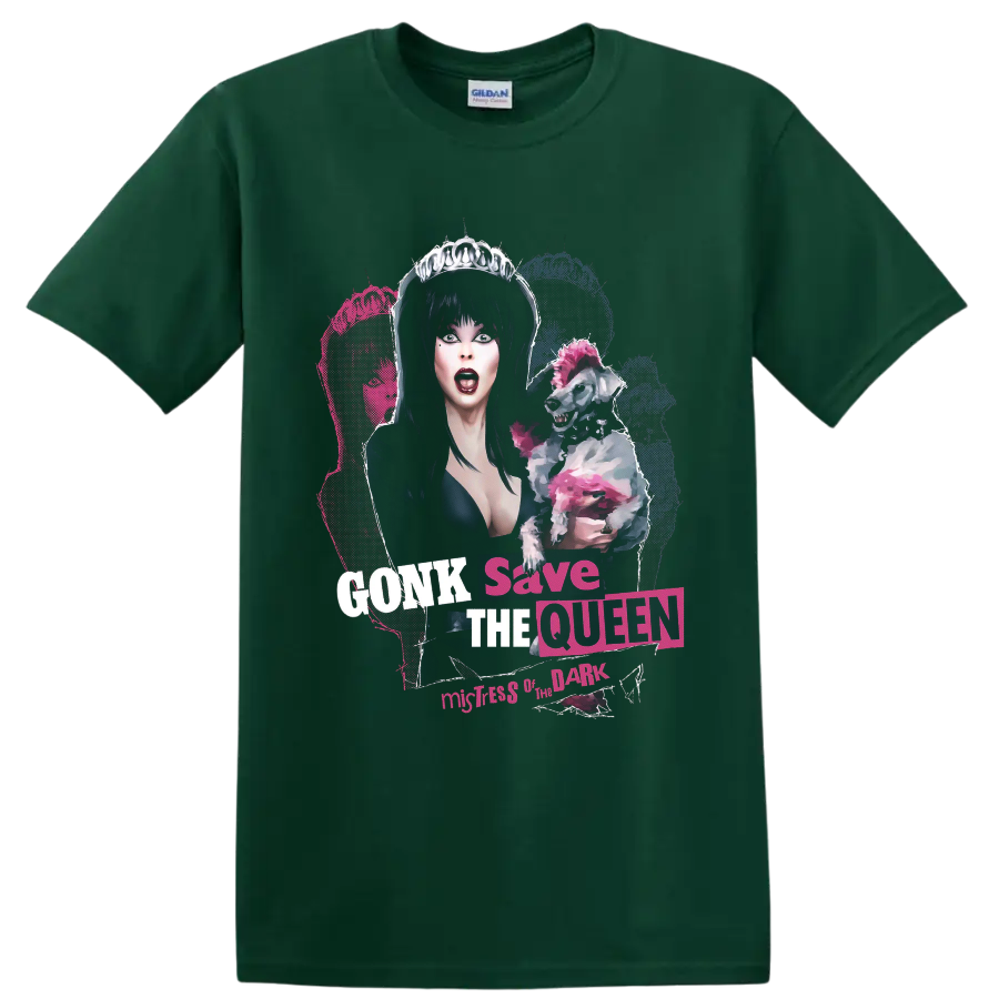 Elvira gothic queen with pink punk dog and GONK Save the Queen text on a Forest Green T Shirt