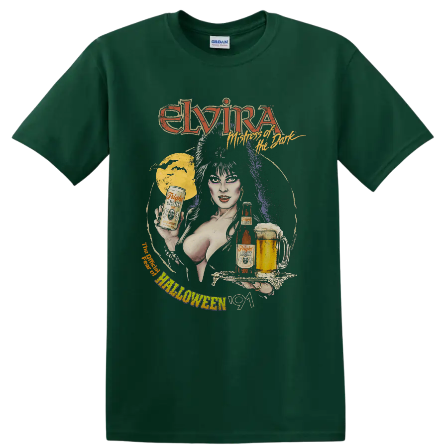 Elvira Mistress of the Dark vintage Halloween graphic with moon and beer on a Forest Green T Shirt