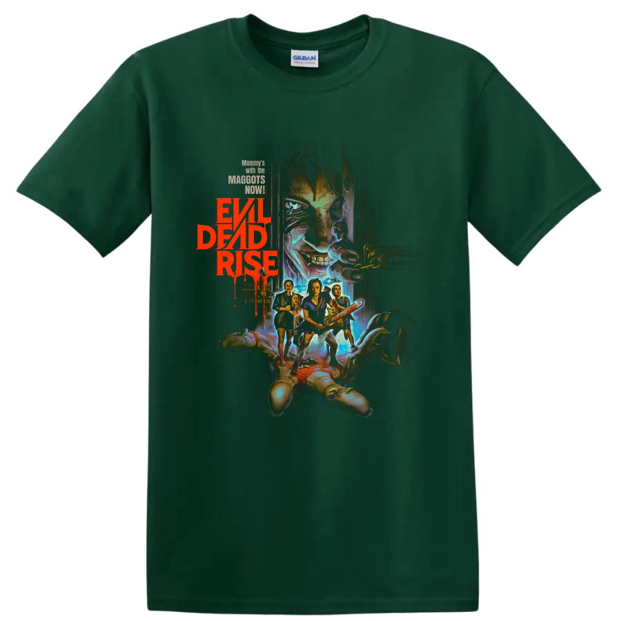 Evil Dead Rise horror graphic with possessed face, survivors, and chainsaw on a Forest Green T Shirt