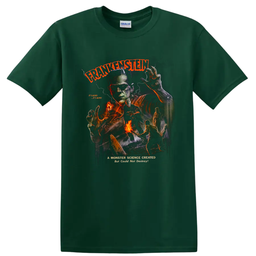 Frankenstein's Monster vintage gothic horror graphic with lightning and fire on a Forest Green T Shirt