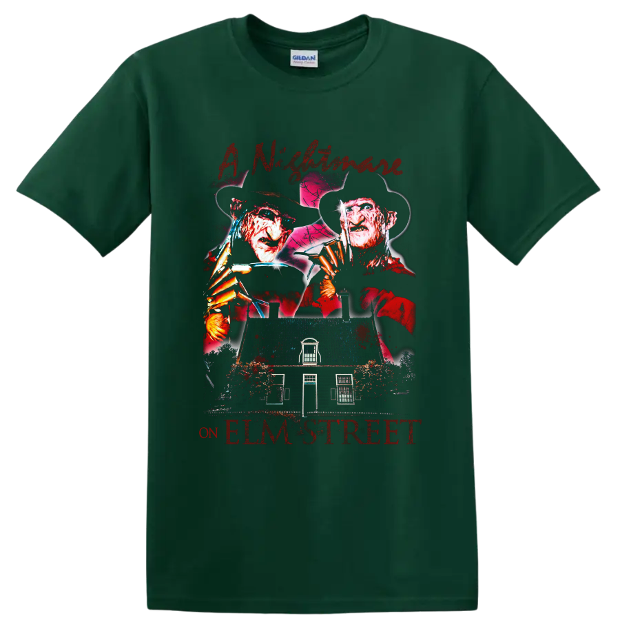 Freddy Krueger A Nightmare on Elm Street distressed horror graphic with house on a Forest Green T Shirt