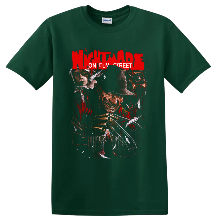 Freddy Krueger horror collage with clawed glove and Nightmare on Elm Street text on a Forest Green T Shirt
