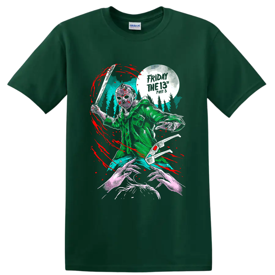 Friday the 13th masked slasher with machete beneath a full moon on a Forest Green T Shirt