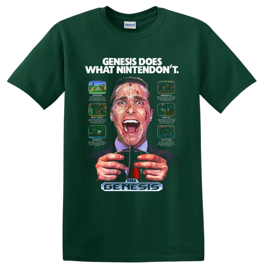 Patrick Bateman American Psycho Genesis retro gaming parody graphic on a Forest Green T Shirt