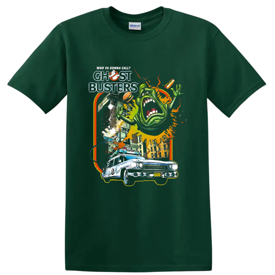 Ghostbusters Slimer and Ecto-1 retro graphic with movie lettering on a Forest Green T Shirt