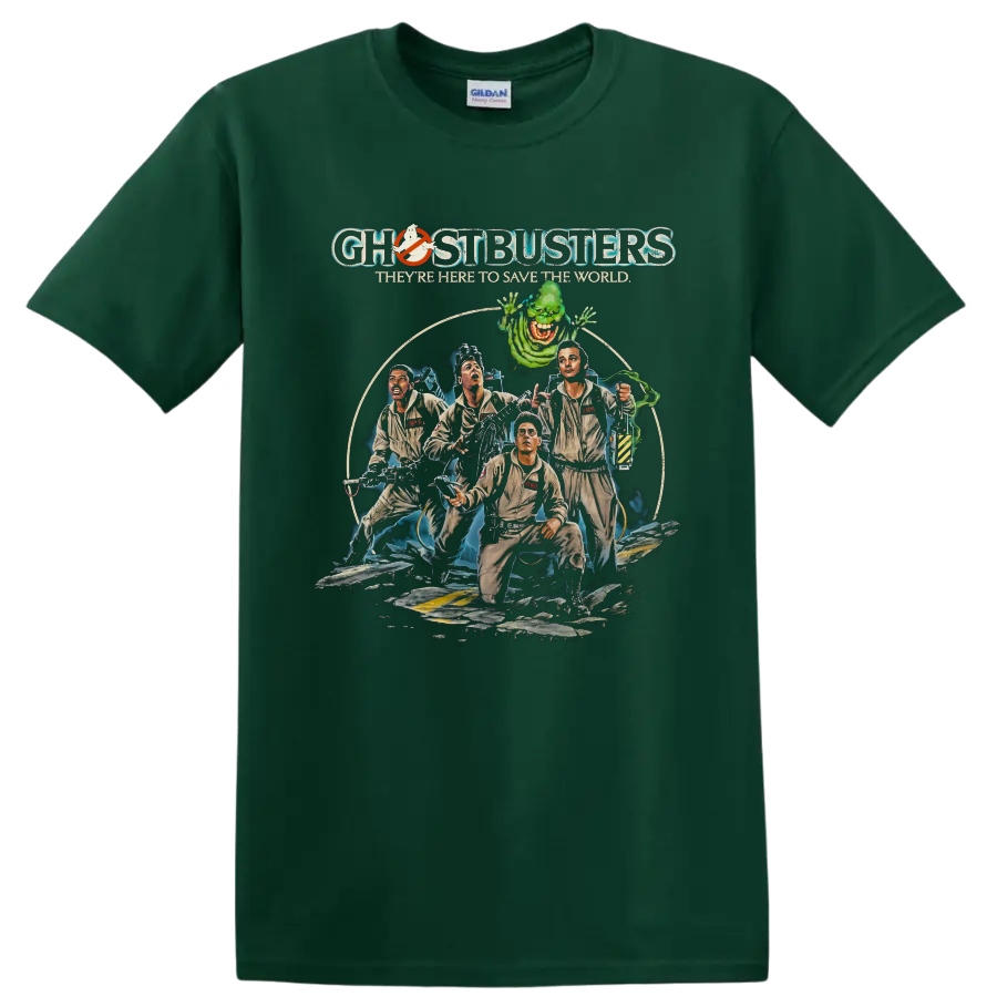 Ghostbusters II team and Slimer retro movie graphic with Ghostbusters text on a Forest Green T Shirt