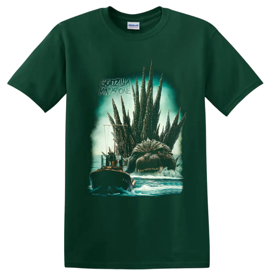 Godzilla rising behind a boat, vintage ocean horror graphic with title text on a Forest Green T Shirt