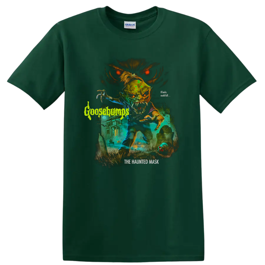 Goosebumps haunted mask monster graveyard graphic with glowing red eyes on a Forest Green T Shirt