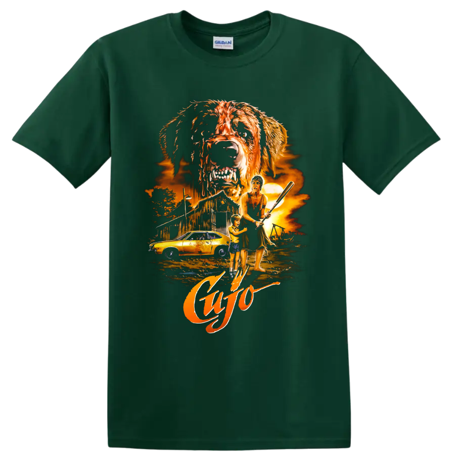 Cujo horror movie graphic with rabid dog, barn, car, woman, and child on a Forest Green T Shirt