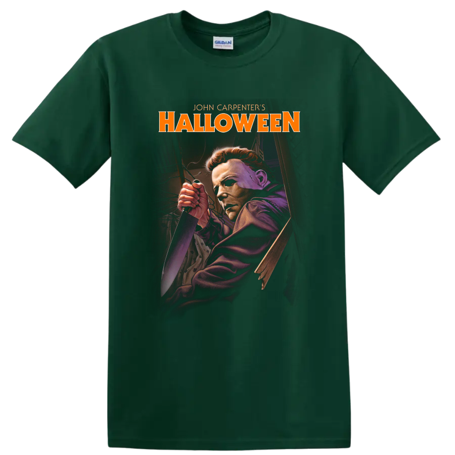 Halloween horror poster art with masked knife-wielding figure on a Forest Green T Shirt