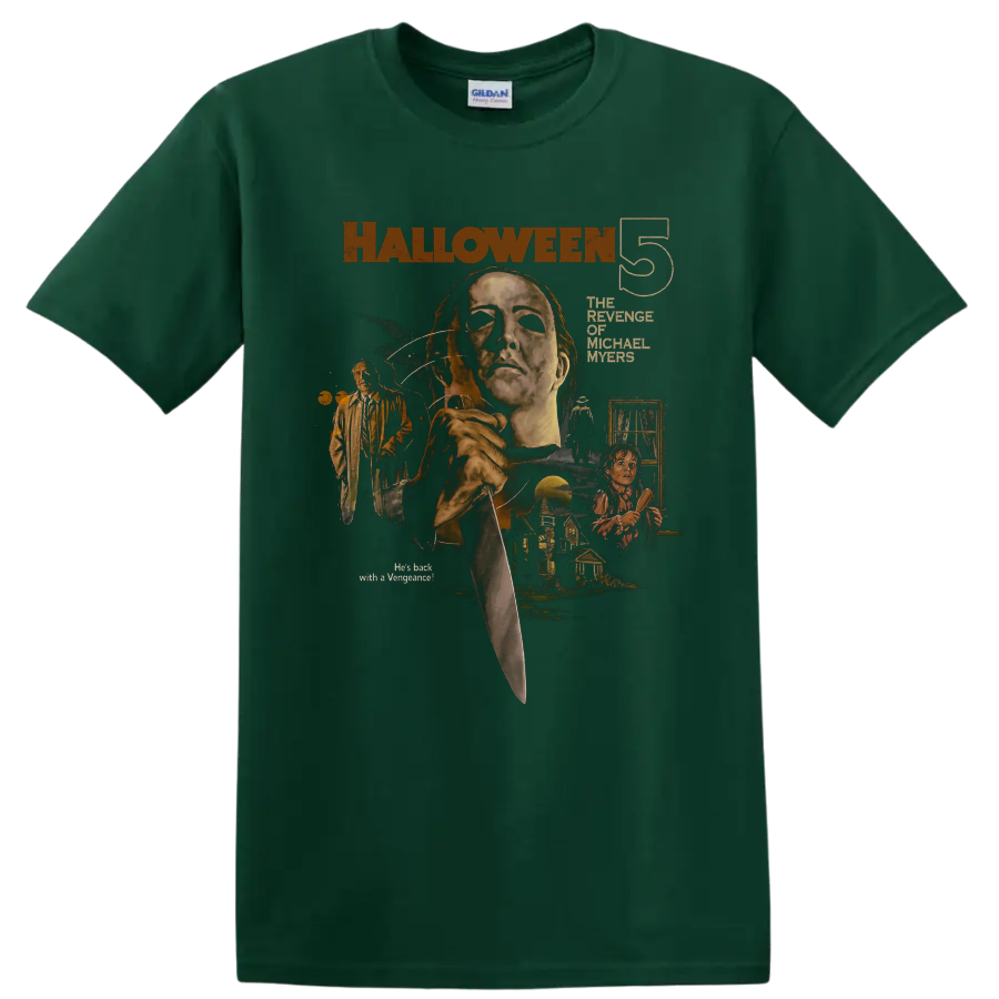 Halloween 5 Michael Myers vintage horror poster graphic print on a Forest Green T Shirt