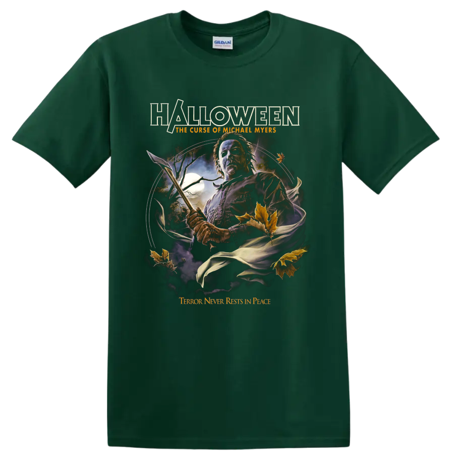Michael Myers Halloween horror graphic with knife, moon, leaves, and title text on a Forest Green T Shirt