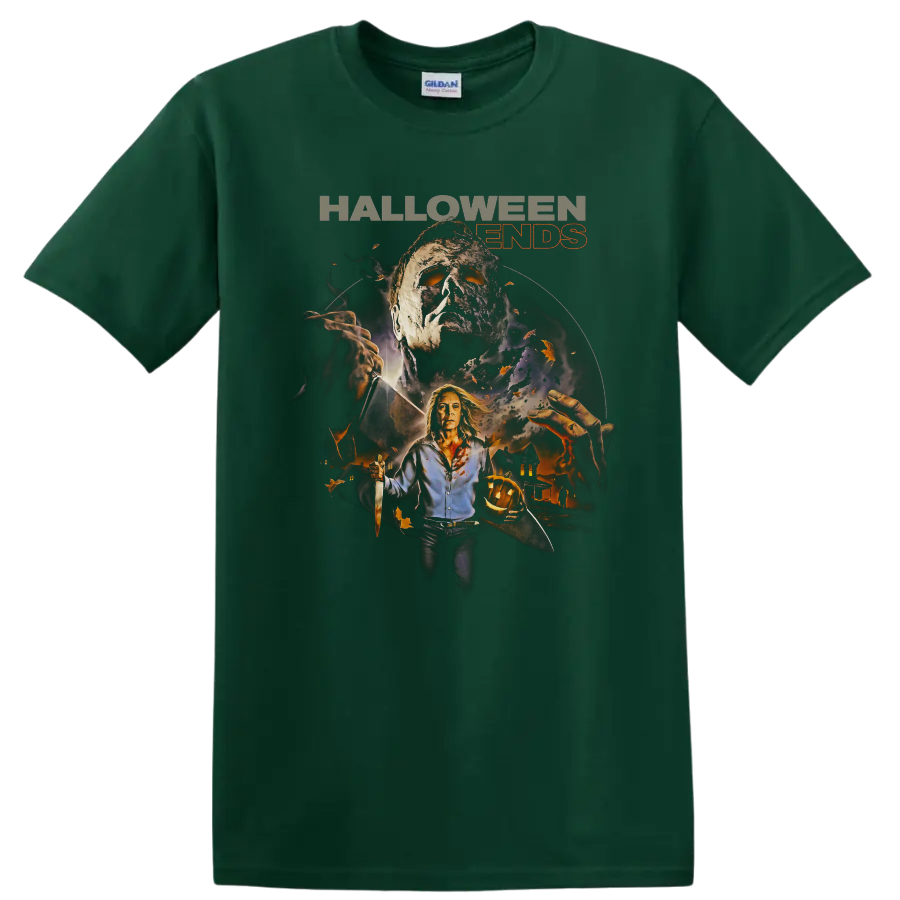 Halloween Ends Michael Myers and Laurie Strode horror graphic with bats and pumpkin on a Forest Green T Shirt