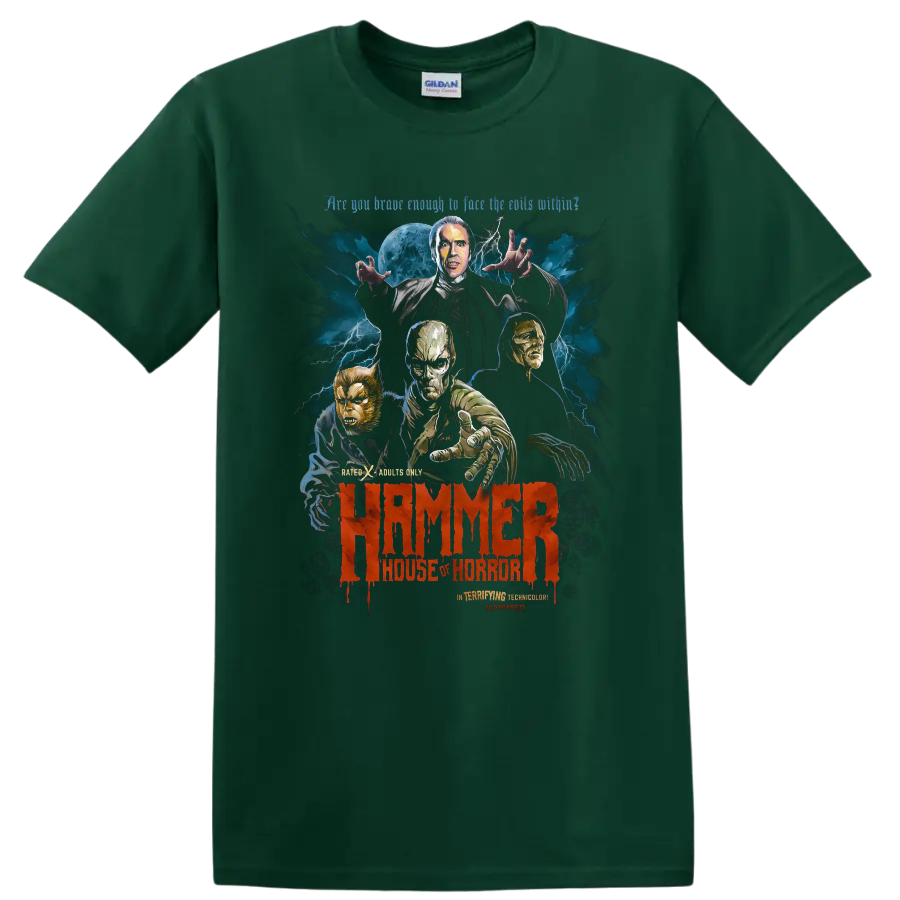 Hammer House of Horror monster poster art with moon, lightning, and red lettering on a Forest Green T Shirt