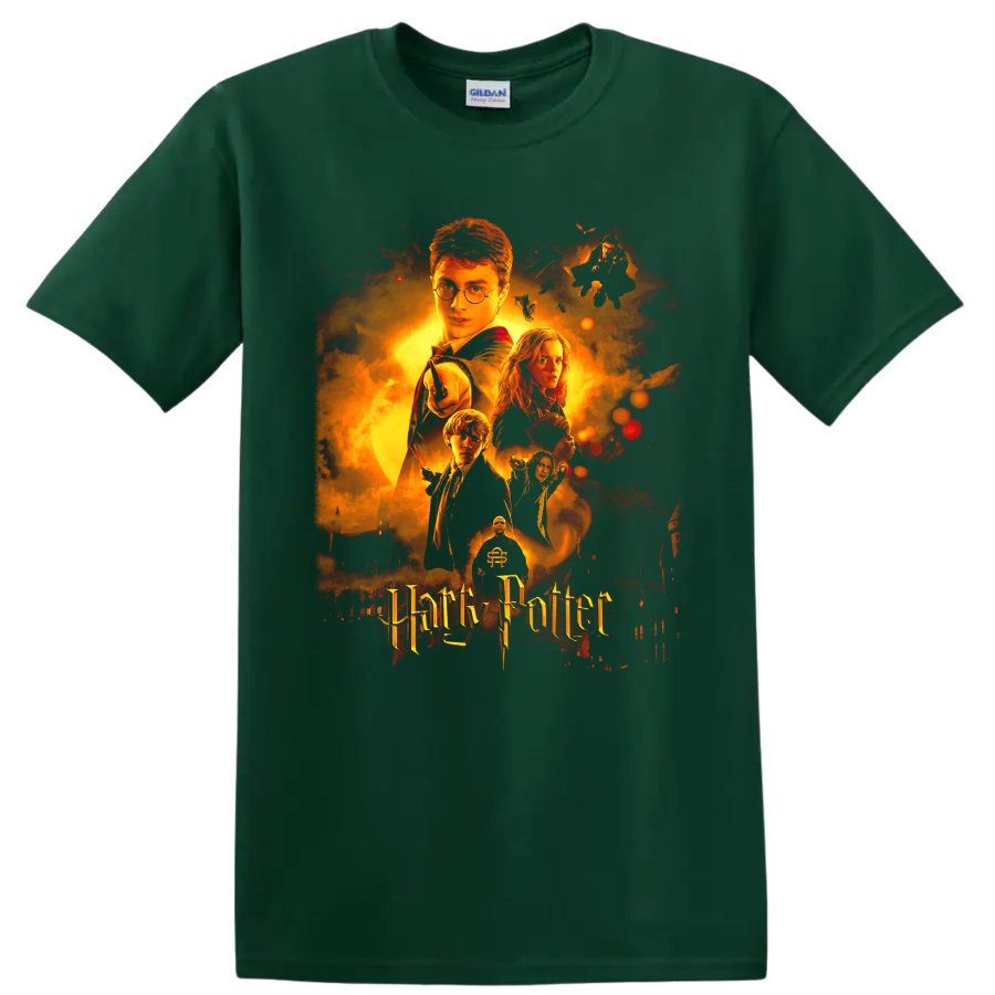 Harry Potter Chamber of Secrets fiery wizarding movie poster graphic on a Forest Green T Shirt