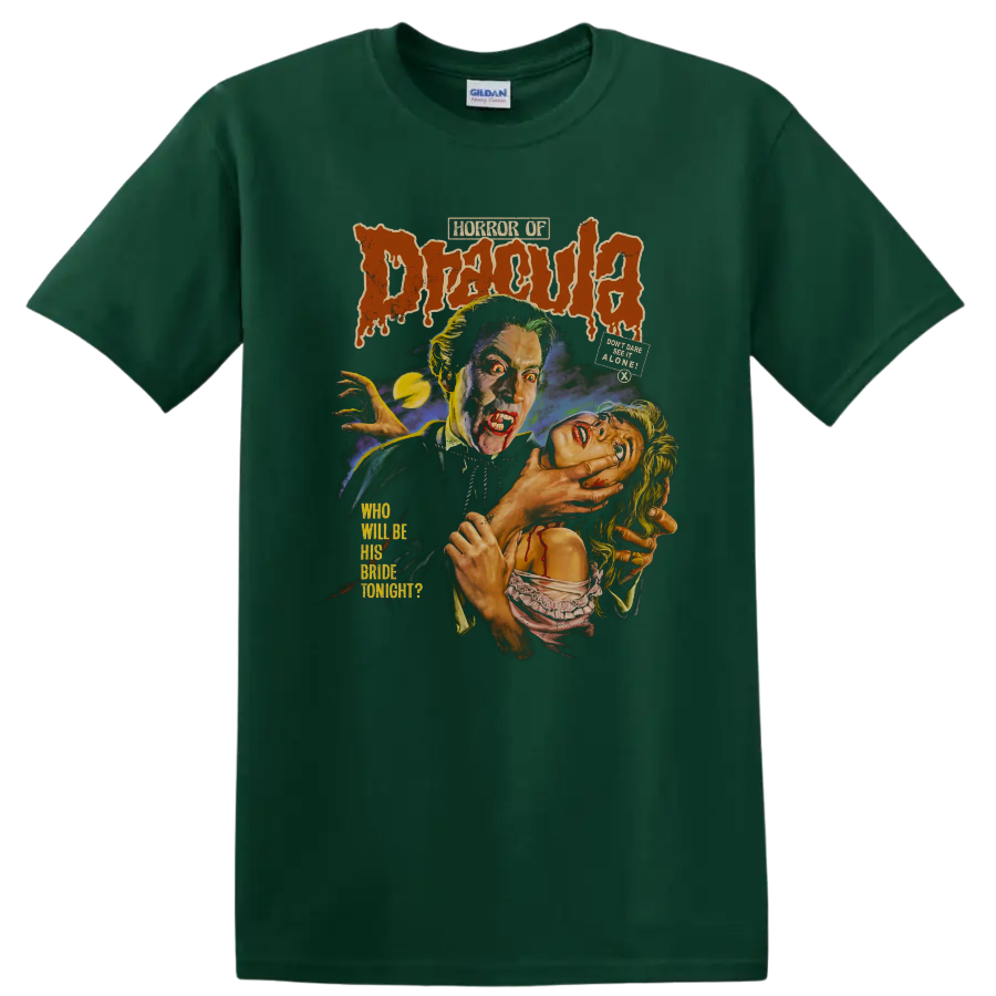 Horror of Dracula vintage gothic vampire movie poster graphic on a Forest Green T Shirt